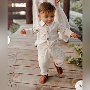 Rylee + Cru Linen Striped Jumpsuit, Oatmeal, Size 3-6 Months